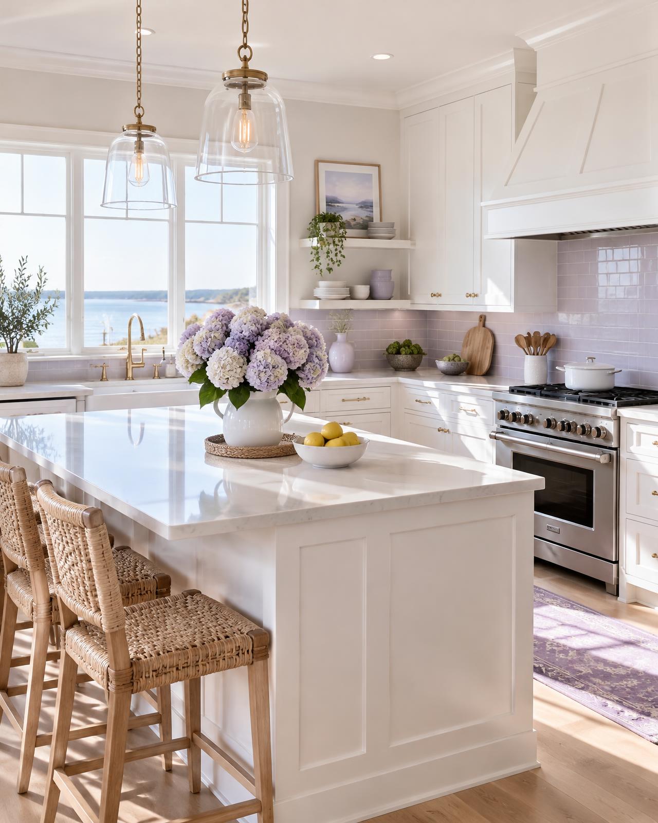 Bright, spotless coastal kitchen with white cabinets